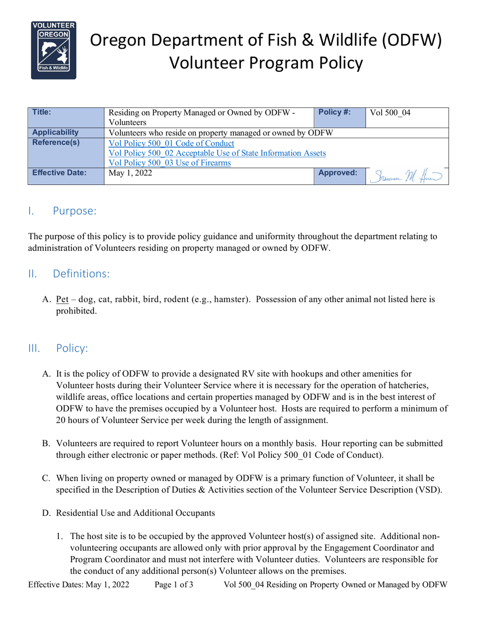 Volunteer Program Policy - Residing on Property Managed or Owned by Odfw - Volunteers - Oregon, Page 1