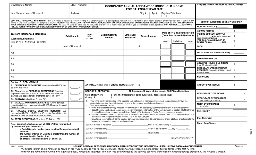 Form HM-73 Occupants' Annual Affidavit of Household Income - New York, 2022