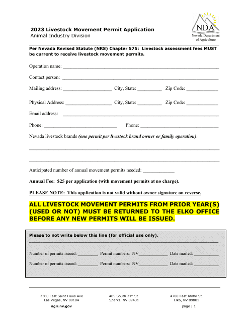 Livestock Movement Permit Application - Nevada Download Pdf
