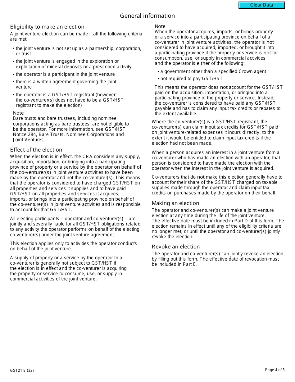 Form GST21 Election or Revocation of an Election to Have the Joint Venture Operator Account for Gst / Hst - Canada, Page 4