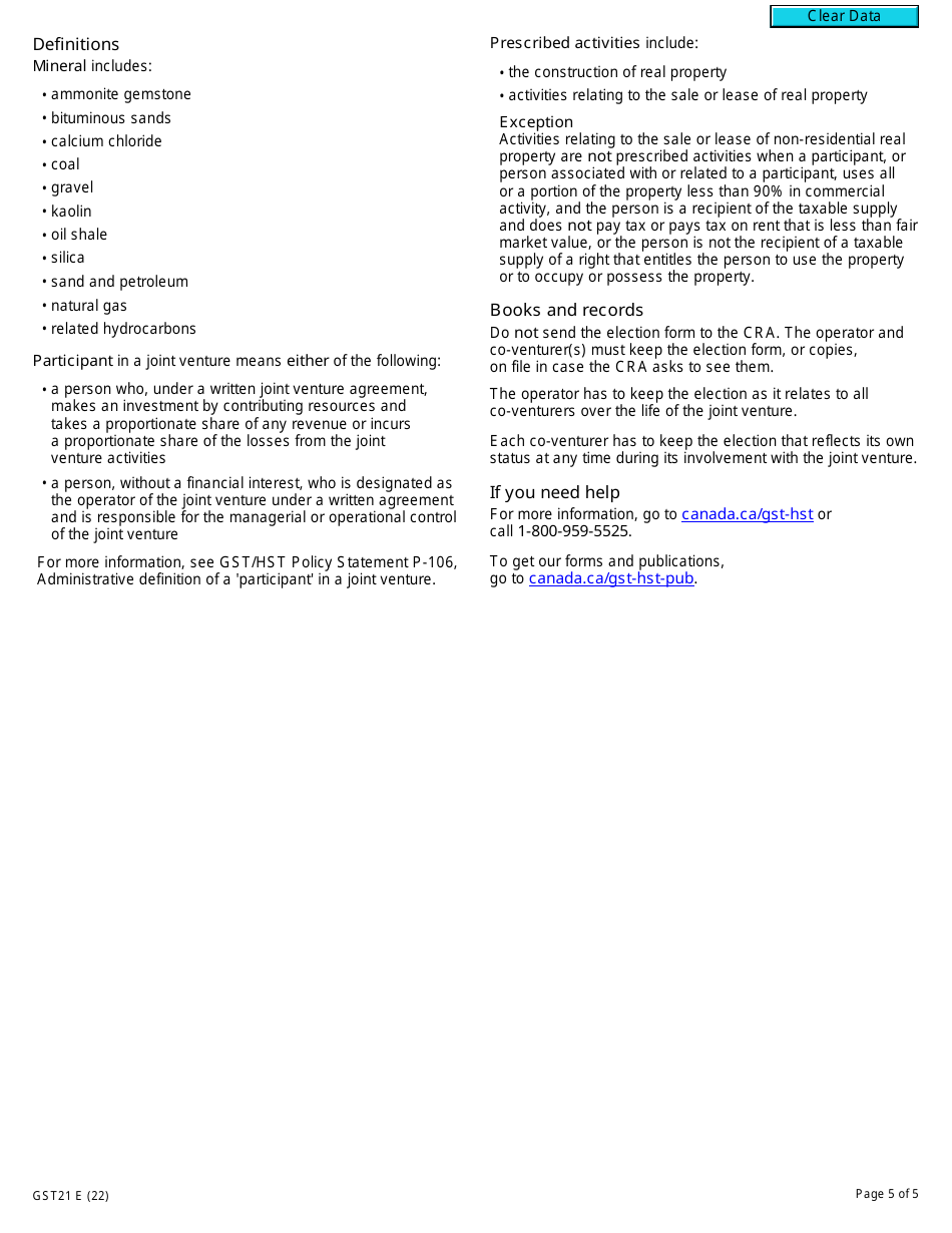 Form GST21 Election or Revocation of an Election to Have the Joint Venture Operator Account for Gst / Hst - Canada, Page 5