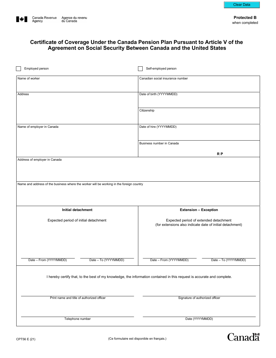 Form CPT56 Certificate of Coverage Under the Canada Pension Plan Pursuant to Article V of the Agreement on Social Security Between Canada and the United States - Canada, Page 2