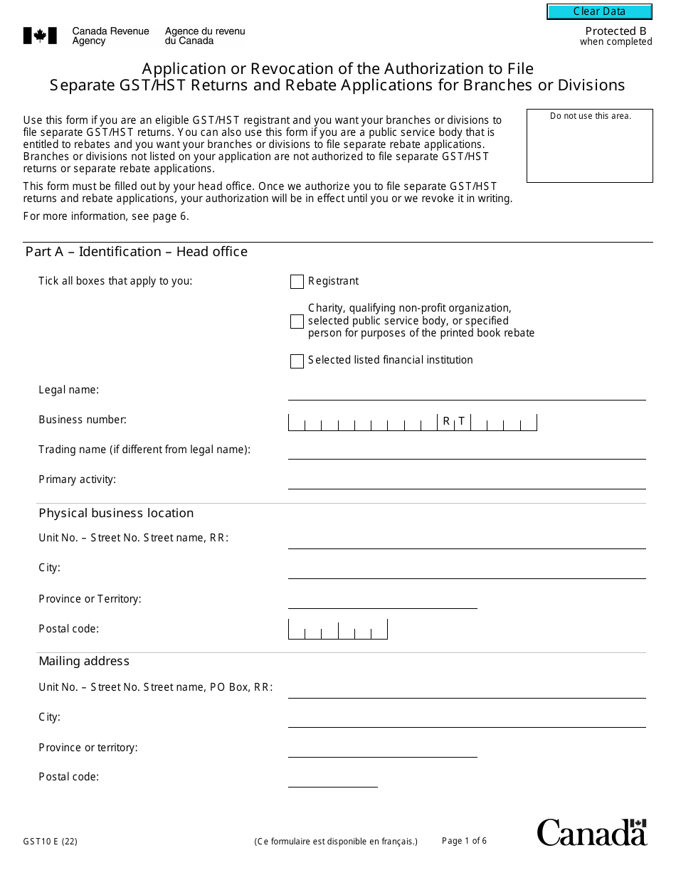 Form GST10 Application or Revocation of the Authorization to File Separate Gst / Hst Returns and Rebate Applications for Branches or Divisions - Canada, Page 1