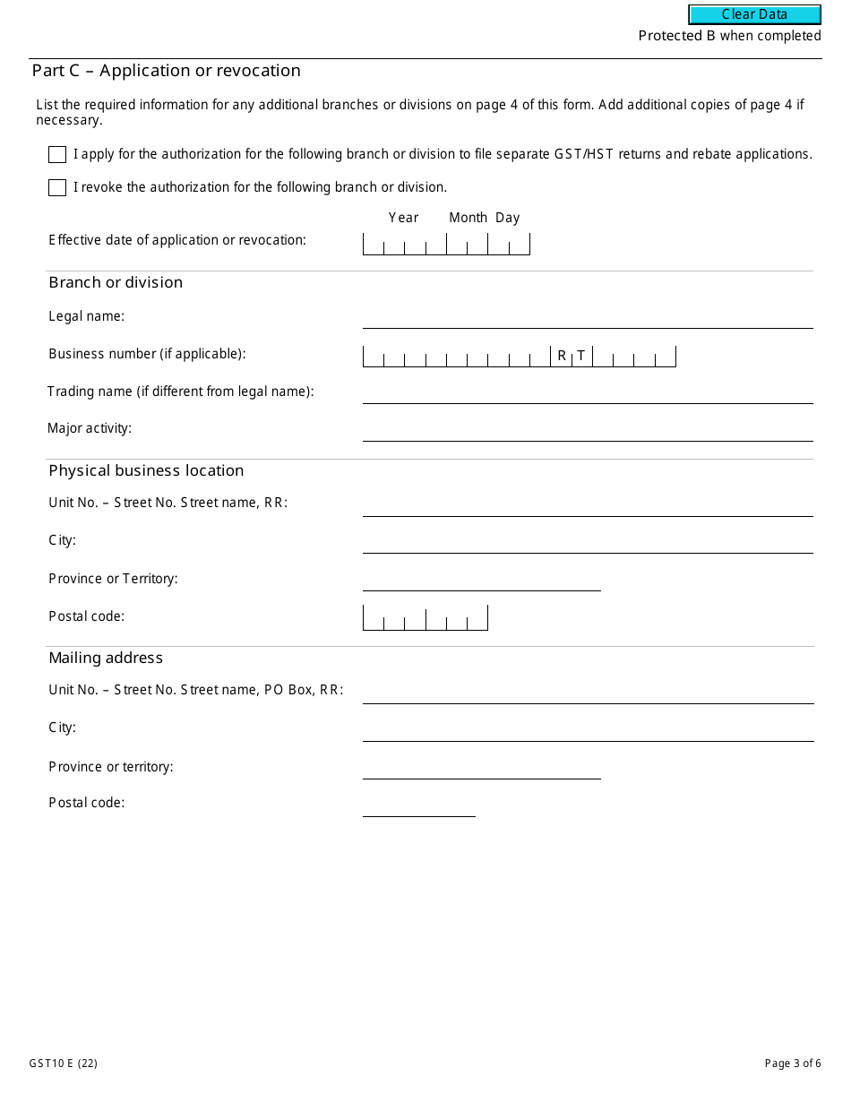 Form GST10 Application or Revocation of the Authorization to File Separate Gst / Hst Returns and Rebate Applications for Branches or Divisions - Canada, Page 3