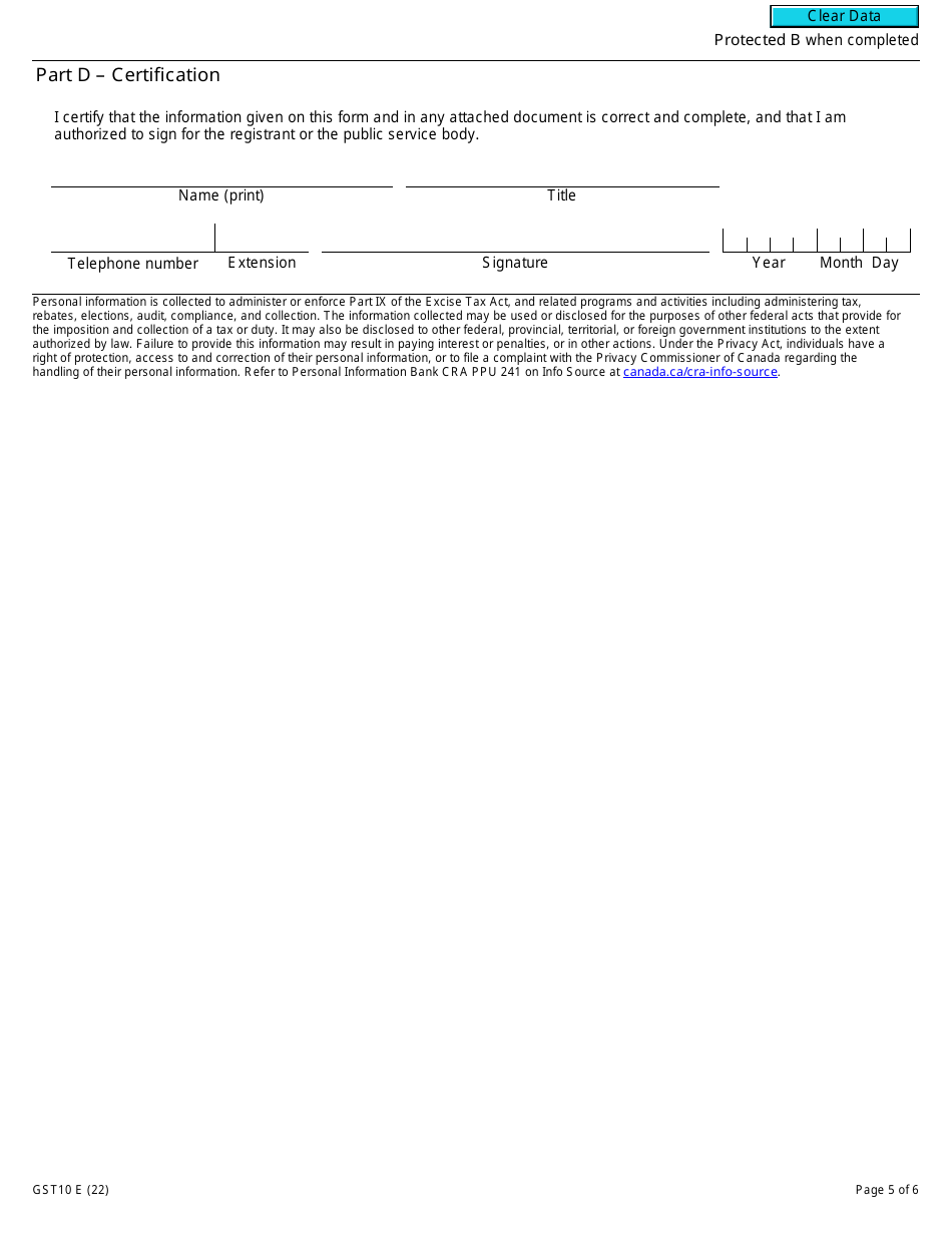 Form GST10 Application or Revocation of the Authorization to File Separate Gst / Hst Returns and Rebate Applications for Branches or Divisions - Canada, Page 5