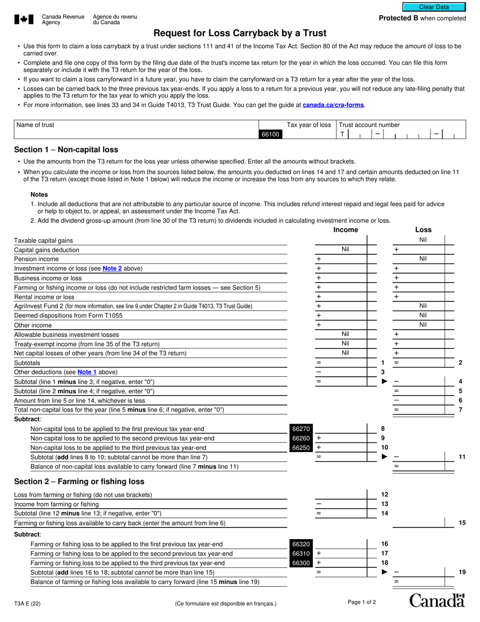 Form T3A Request for Loss Carryback by a Trust - Canada, Page 1