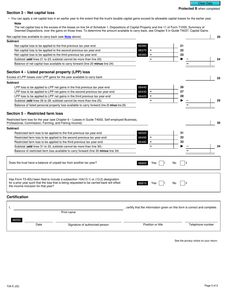 Form T3A Request for Loss Carryback by a Trust - Canada, Page 2
