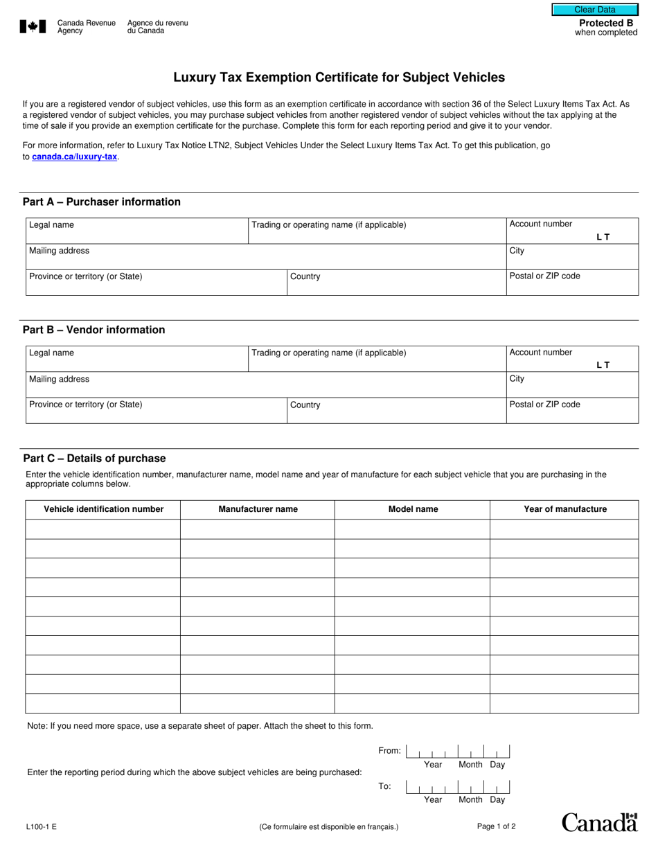 Form L100-1 Luxury Tax Exemption Certificate for Subject Vehicles - Canada, Page 1