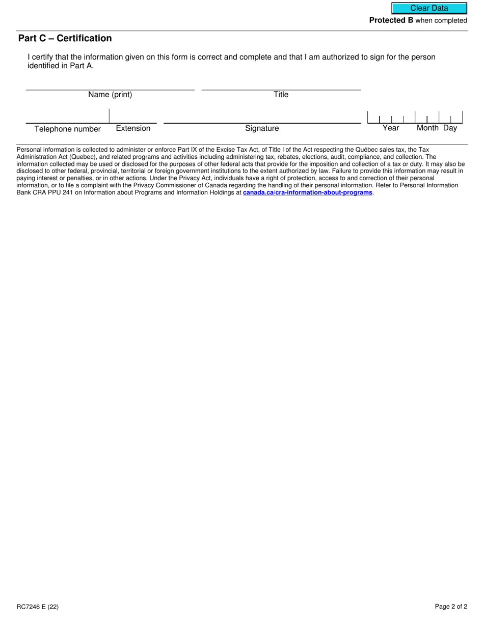 Form RC7246 Notice of Revocation of Waiver for Certain Selected Listed Financial Institutions (Subsection 298(8) of the Excise Tax Act and Section 25.3 of the Tax Administration Act) - Canada, Page 2