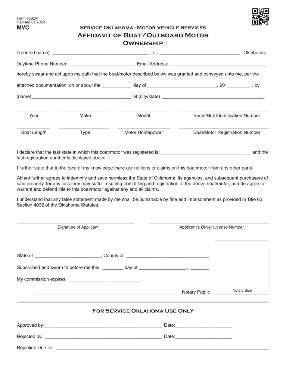 Form 753BM Affidavit of Boat / Outboard Motor Ownership - Oklahoma, Page 1