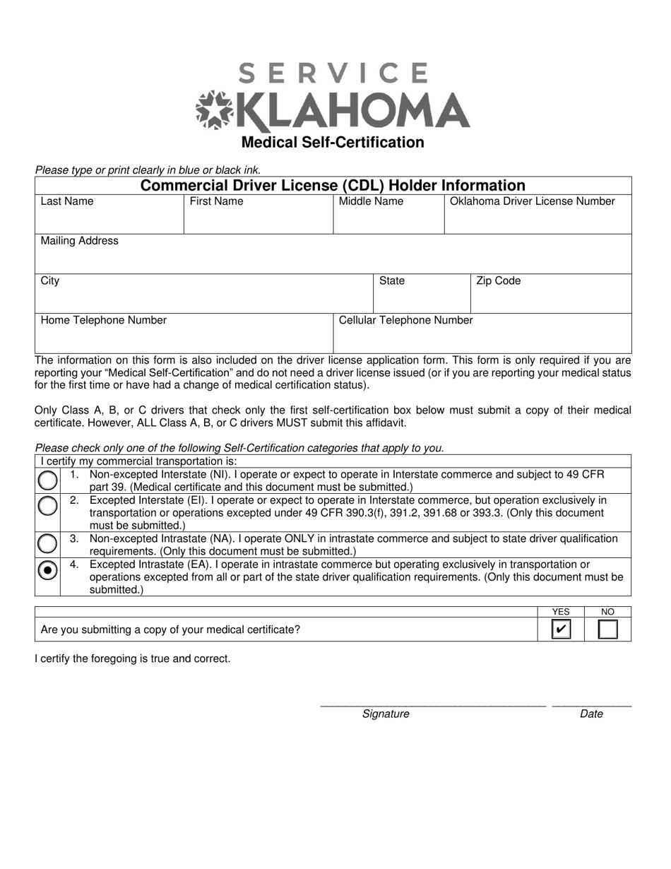 Commercial Driver License (Cdl) Medical Self-certification Affidavit Form - Oklahoma, Page 1