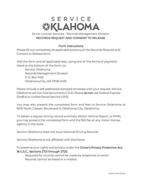 Form 303RM 0097 Records Request and Consent to Release - Oklahoma