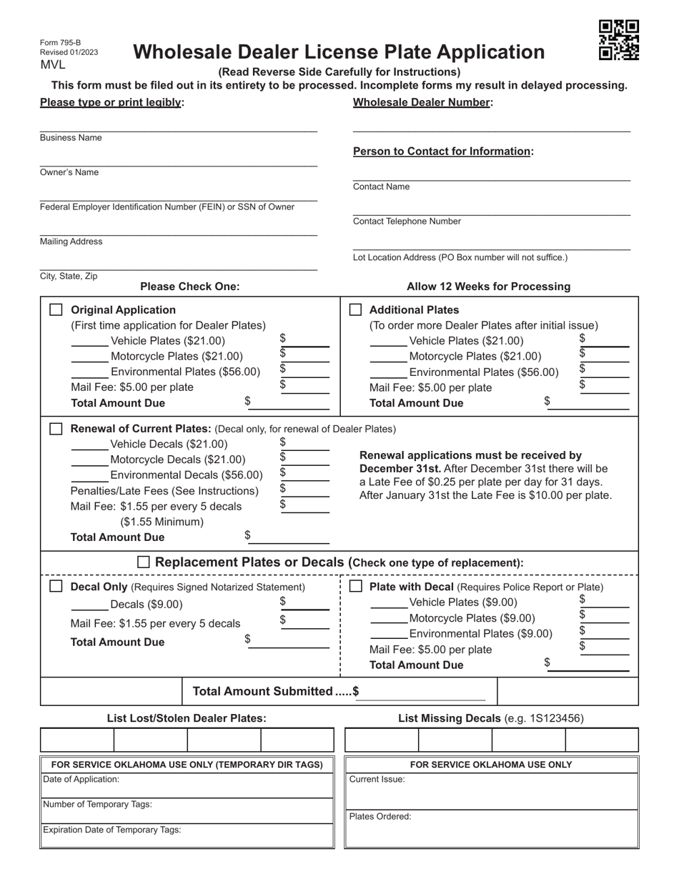 Form 795-B Wholesale Dealer License Plate Application - Oklahoma, Page 1