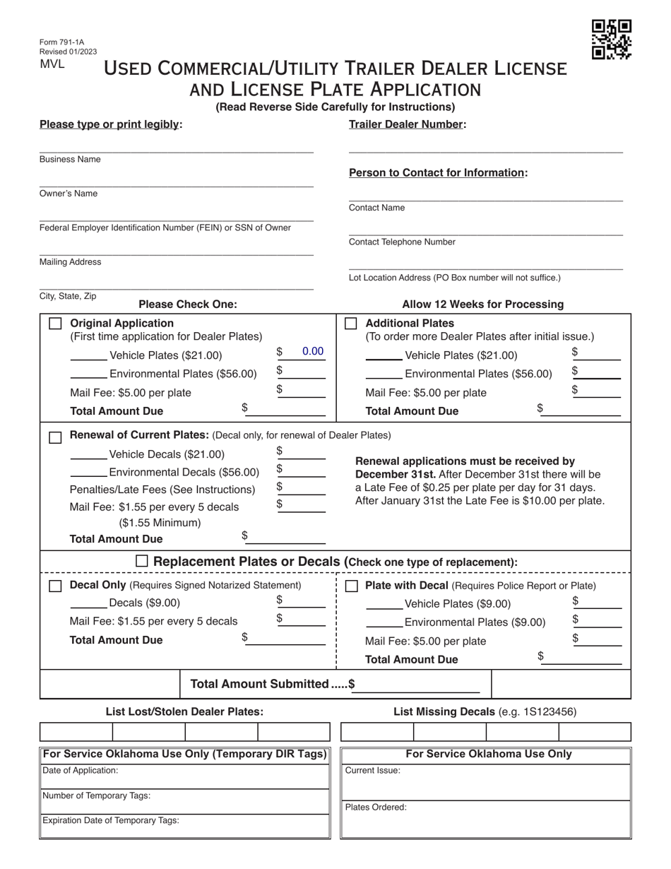 Form 791-1A Used Commercial / Utility Trailer Dealer License and License Plate Application - Oklahoma, Page 1