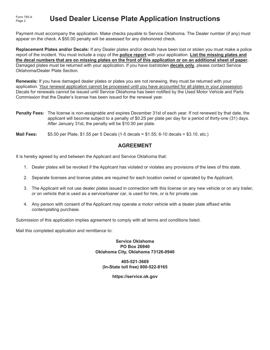 Form 795-A Used Dealer License Plate Application - Oklahoma, Page 2