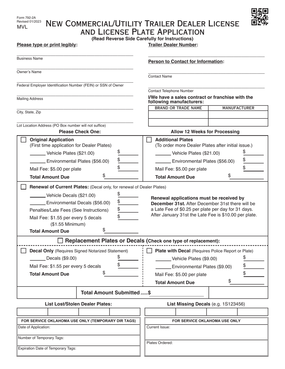 Form 792-2A New Commercial/Utility Trailer Dealer License and License Plate Application - Oklahoma, Page 1