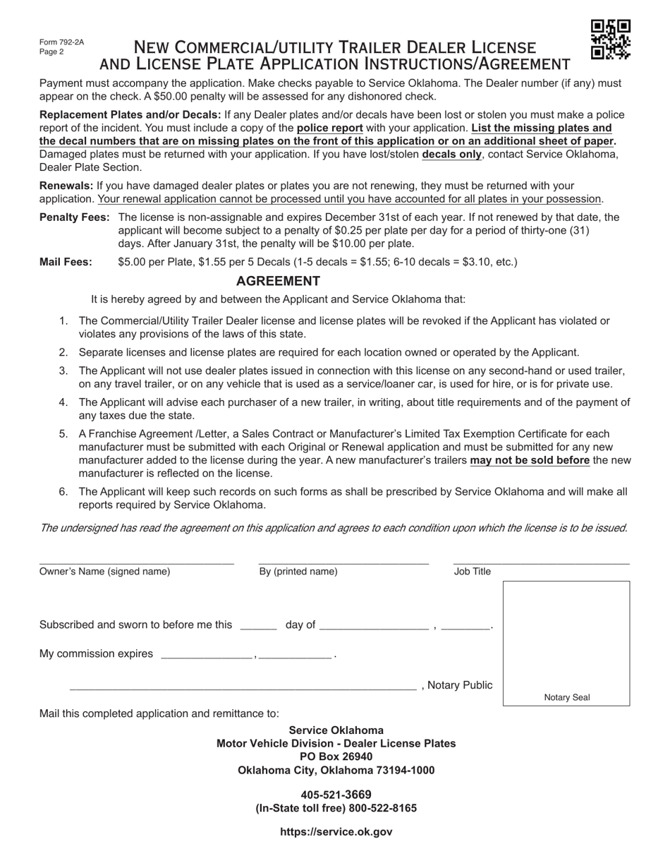 Form 792-2A New Commercial / Utility Trailer Dealer License and License Plate Application - Oklahoma, Page 2