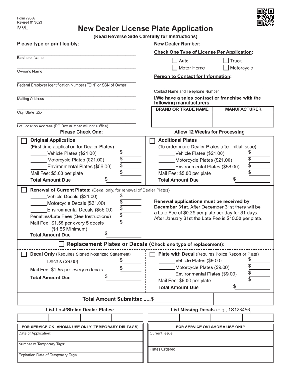 Form 796-A New Dealer License Plate Application - Oklahoma, Page 1