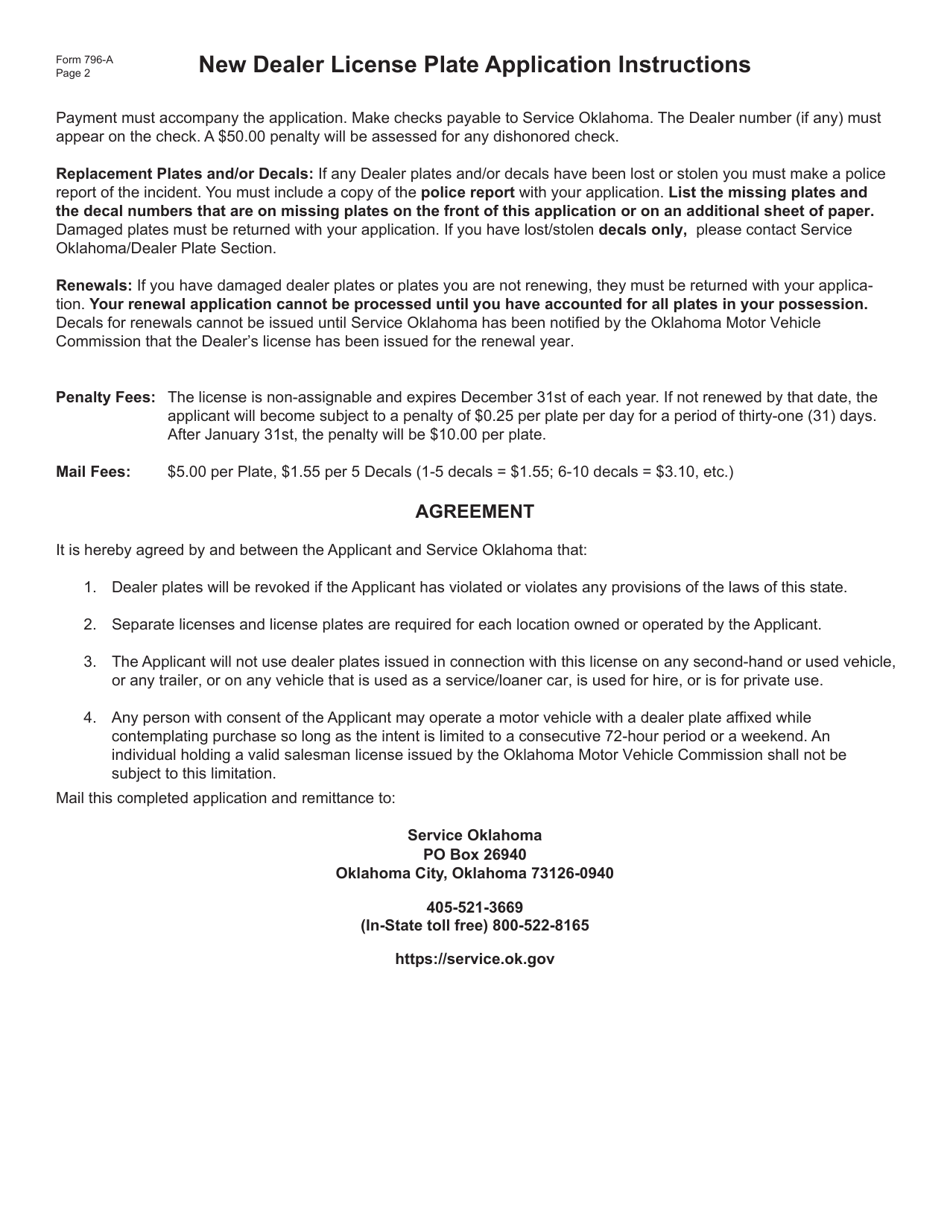 Form 796-A New Dealer License Plate Application - Oklahoma, Page 2