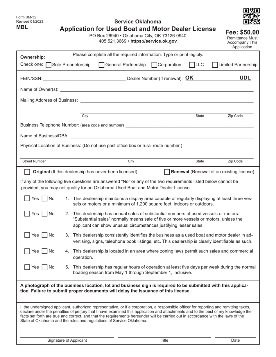 Form BM-32 Application for Used Boat and Motor Dealer License - Oklahoma, Page 1
