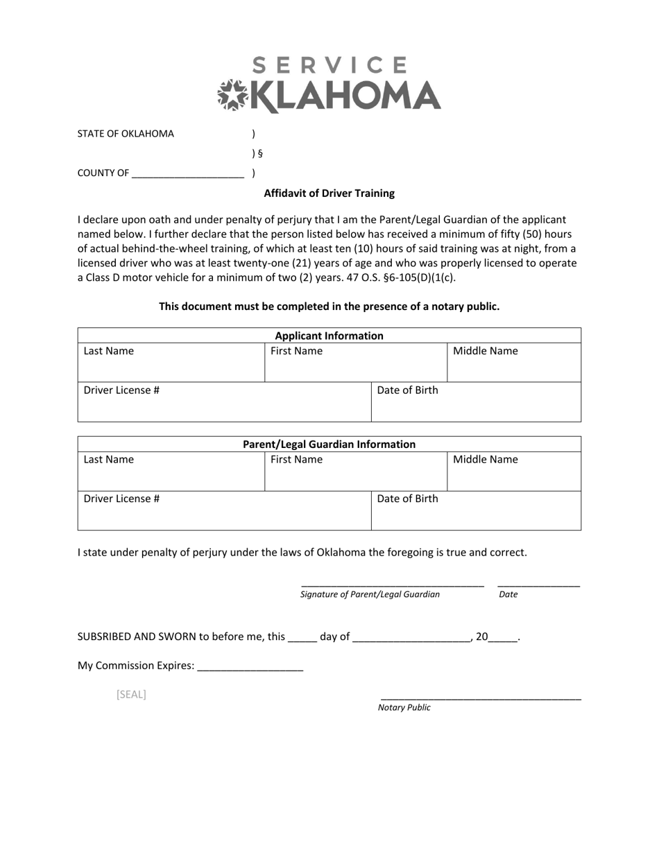 Affidavit of Driver Training - Oklahoma, Page 1