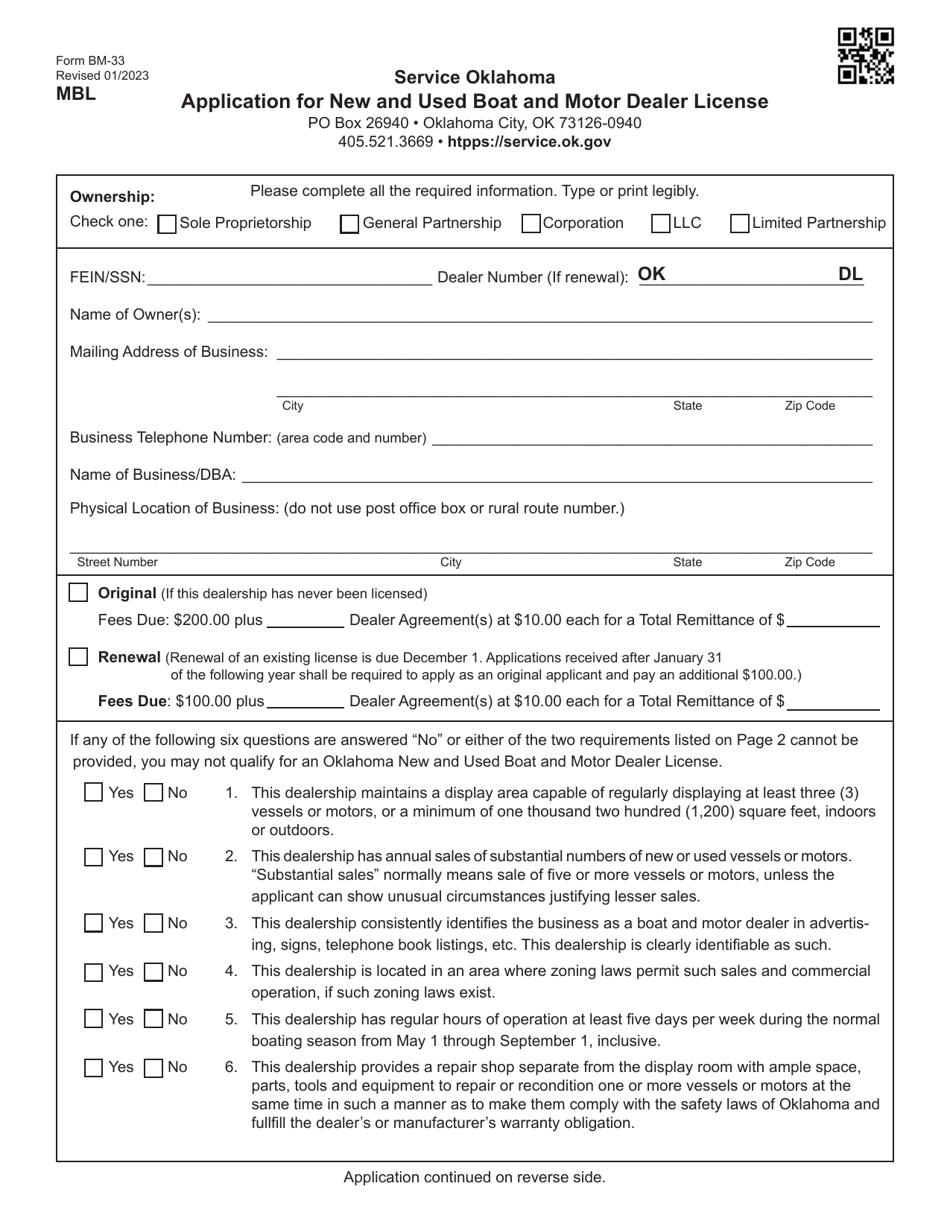 Form BM-33 Application for New and Used Boat and Motor Dealer License - Oklahoma, Page 1