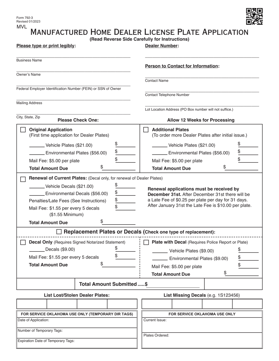 Form 792-3 Manufactured Home Dealer License Plate Application - Oklahoma, Page 1