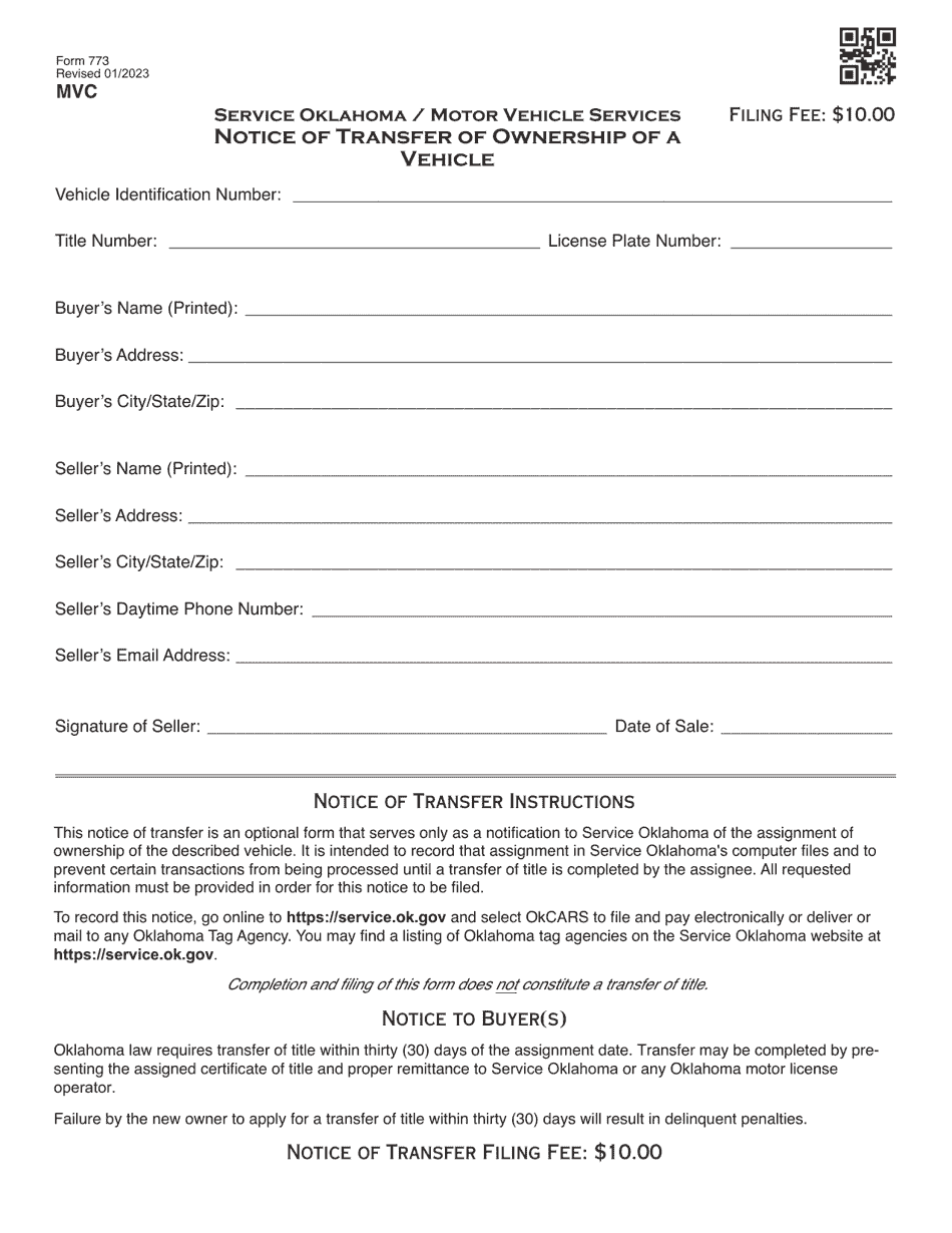 Form 773 Notice of Transfer of Ownership of a Vehicle - Oklahoma, Page 1