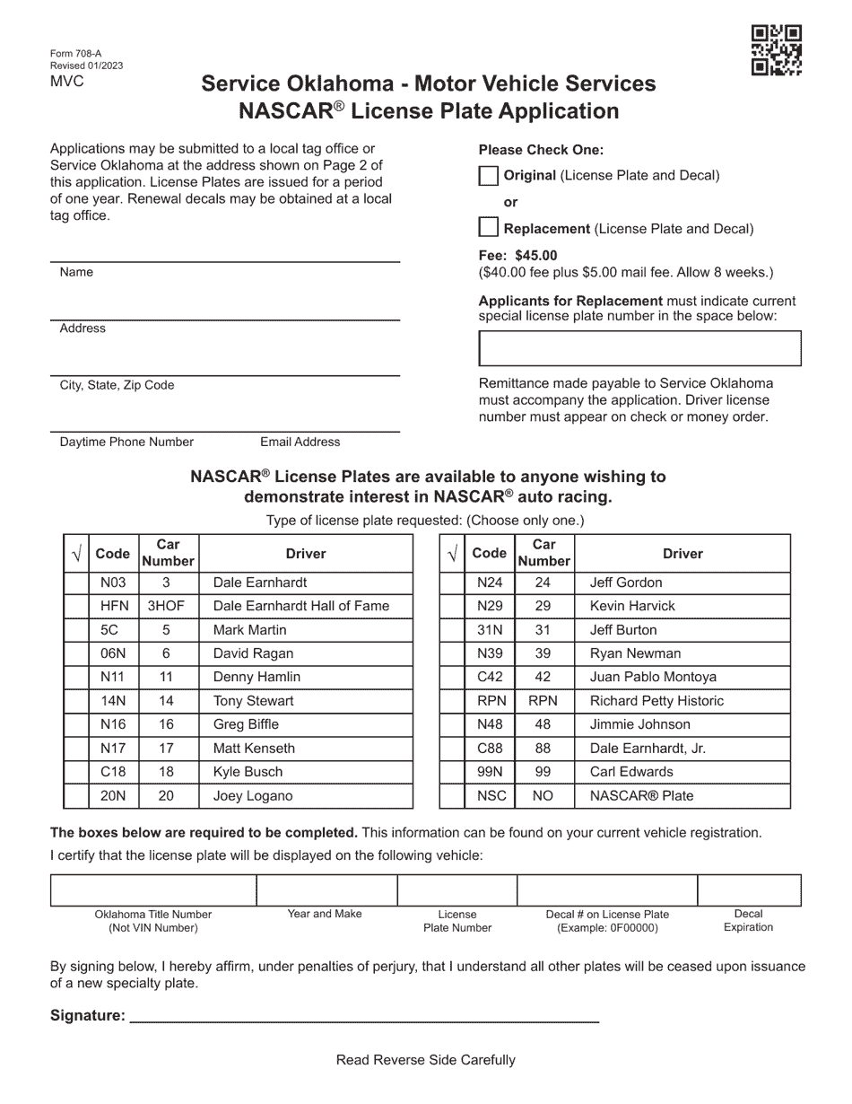 Form 708-A Nascar License Plate Application - Oklahoma, Page 1