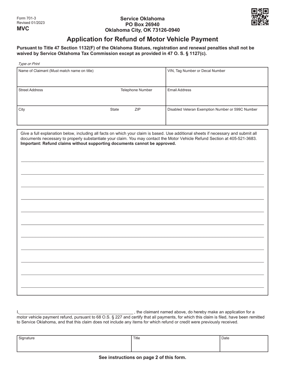 Form 701-3 Application for Refund of Motor Vehicle Payment - Oklahoma, Page 1