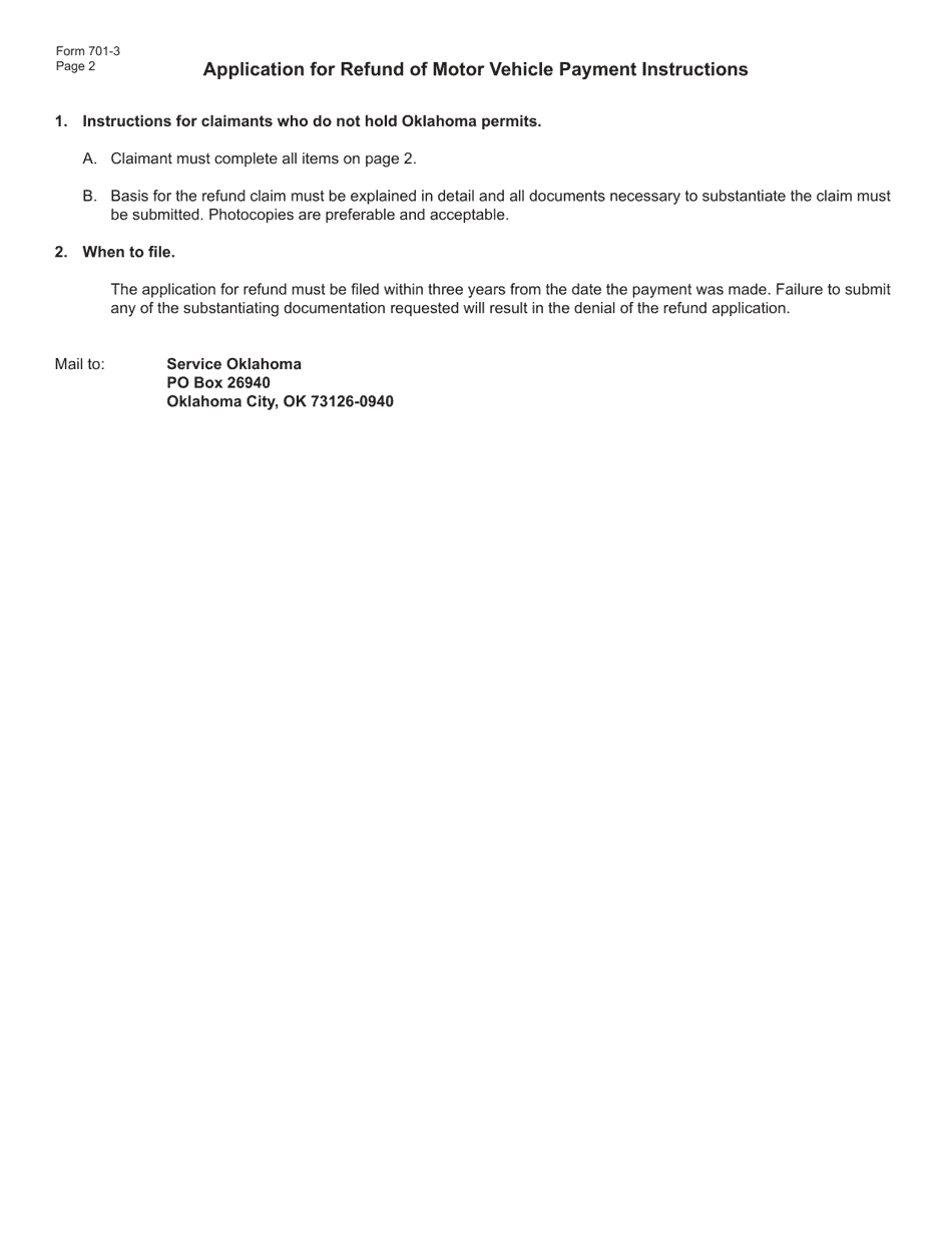 Form 701-3 Application for Refund of Motor Vehicle Payment - Oklahoma, Page 2