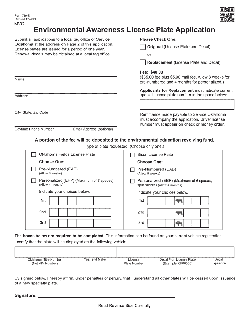 Form 710-E Environmental Awareness License Plate Application - Oklahoma, Page 1