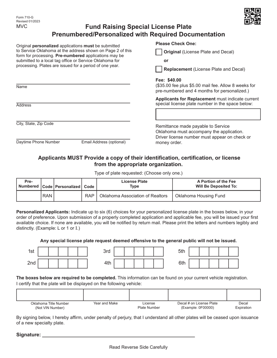 Form 710-G Fund Raising Special License Plate Prenumbered / Personalized With Required Documentation - Oklahoma, Page 1