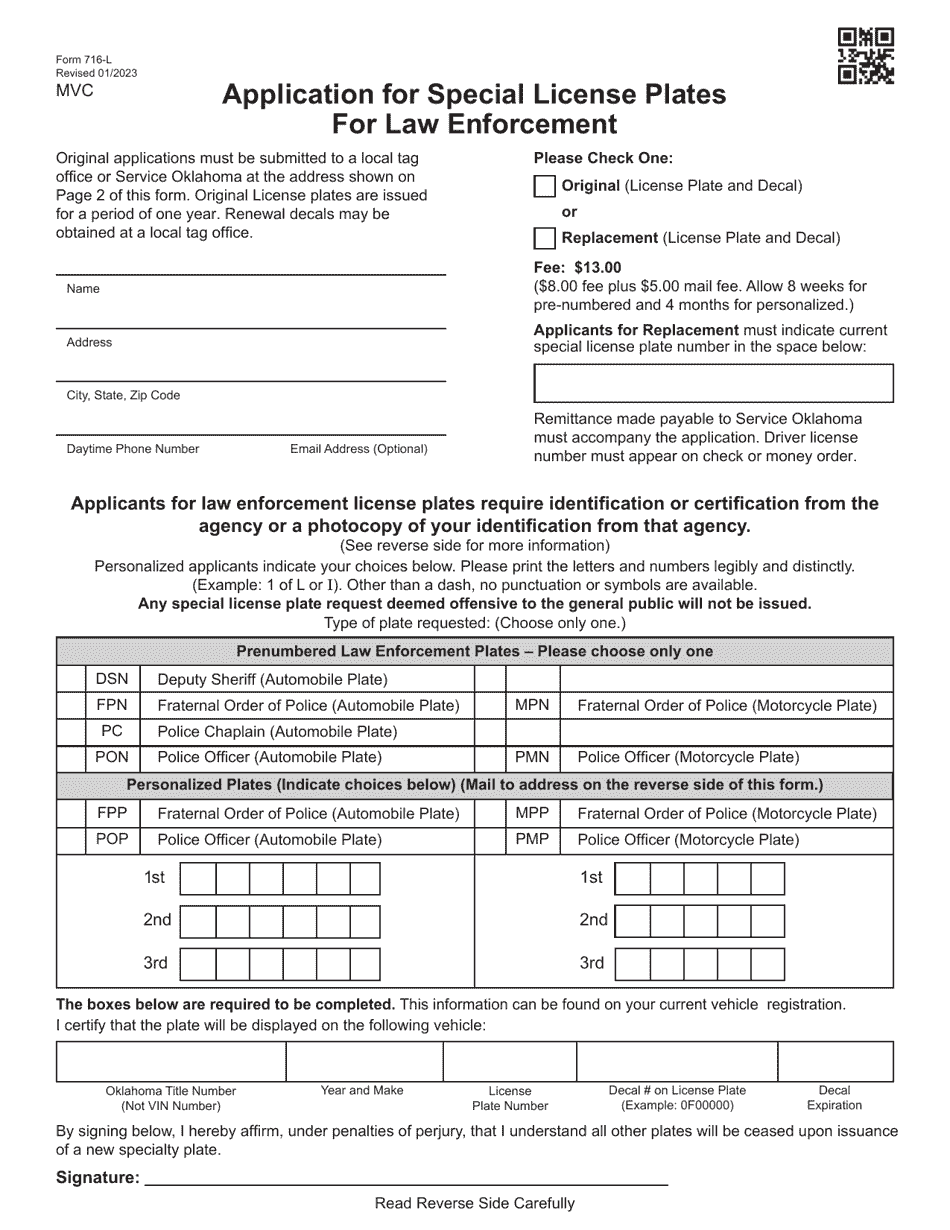 Form 716-L Application for Special License Plates for Law Enforcement - Oklahoma, Page 1