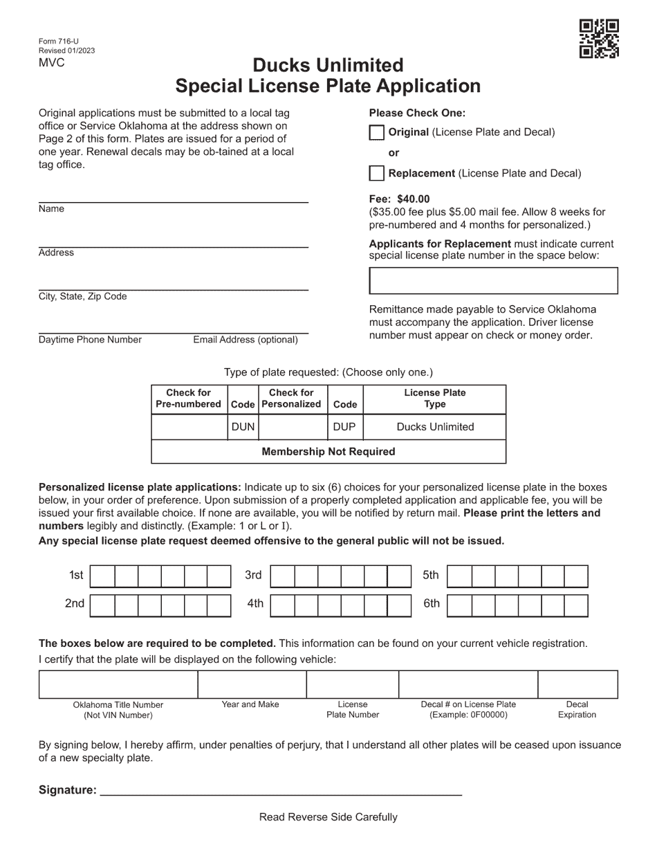 Form 716-U Ducks Unlimited Special License Plate Application - Oklahoma, Page 1