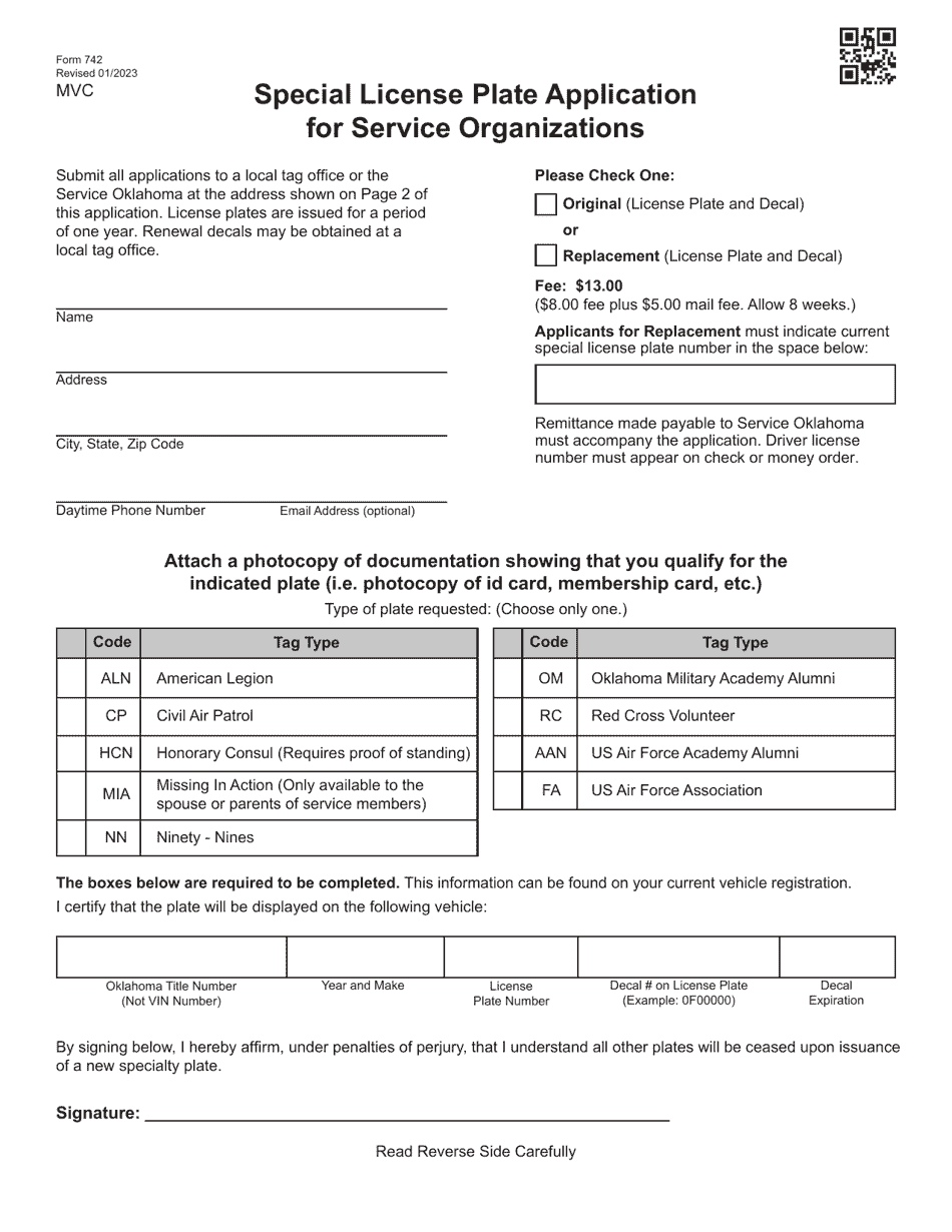 Form 742 Special License Plate Application for Service Organizations - Oklahoma, Page 1