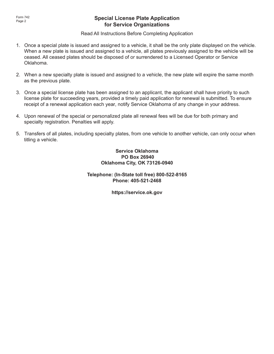 Form 742 Special License Plate Application for Service Organizations - Oklahoma, Page 2