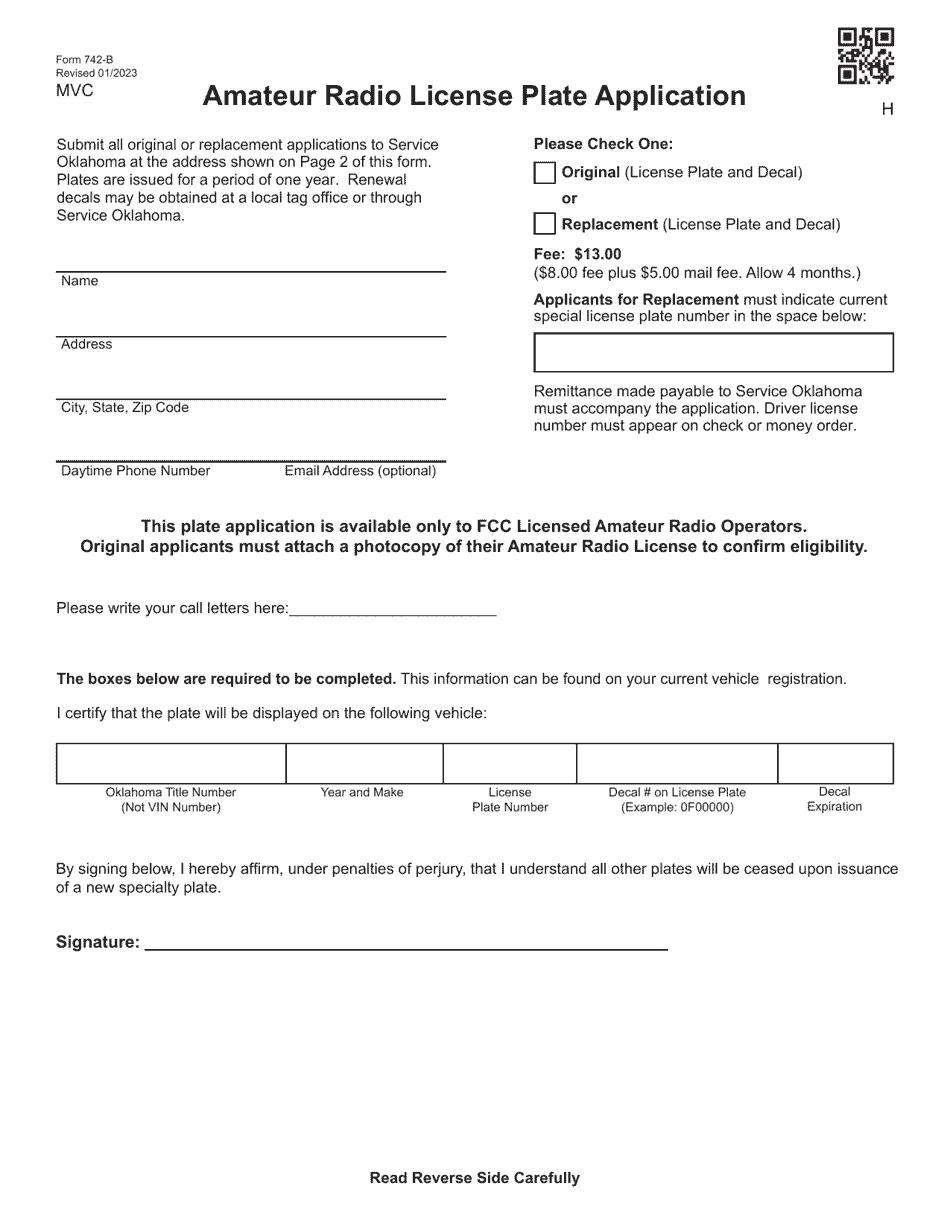 Form 742-B Amateur Radio License Plate Application - Oklahoma, Page 1