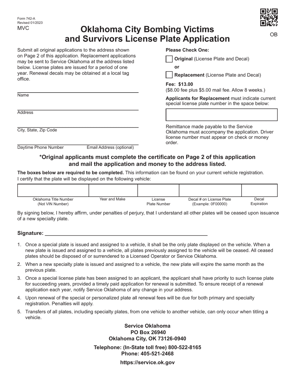 Form 742-A Oklahoma City Bombing Victims and Survivors License Plate Application - Oklahoma, Page 1