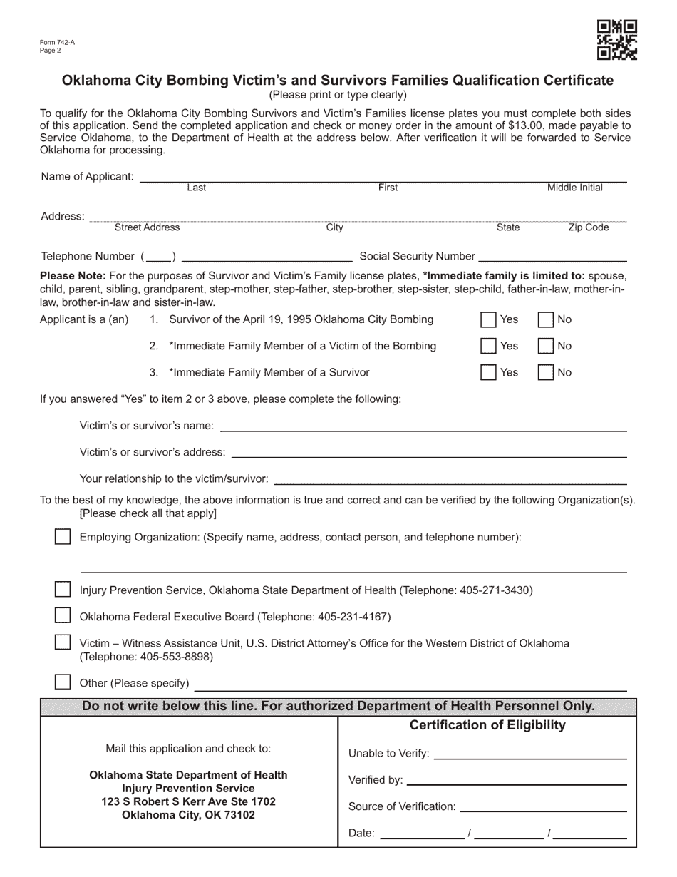 Form 742-A Oklahoma City Bombing Victims and Survivors License Plate Application - Oklahoma, Page 2