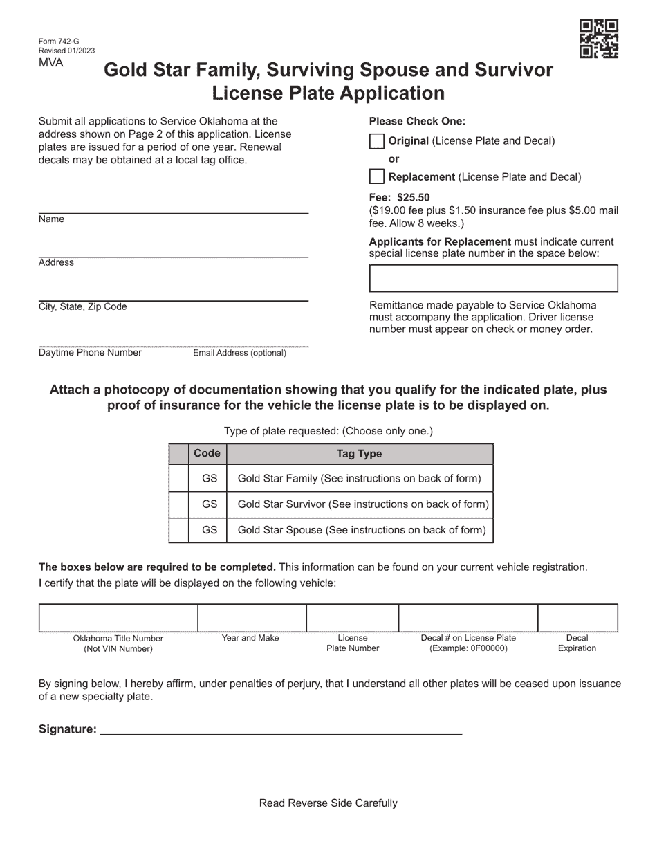 Form 742-G Gold Star Family, Surviving Spouse, and Survivor License Plate Application - Oklahoma, Page 1
