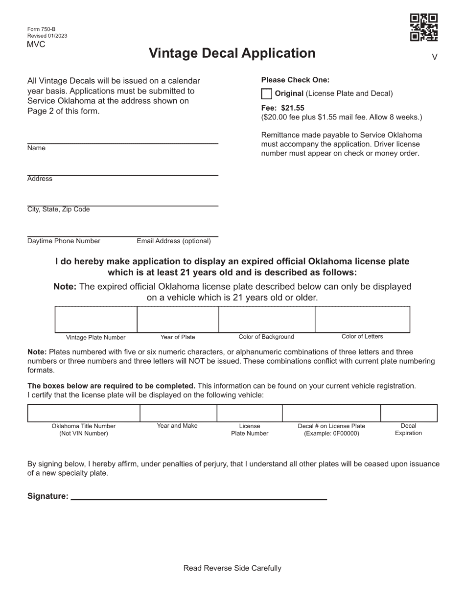 Form 750-B Vintage Decal Application - Oklahoma, Page 1