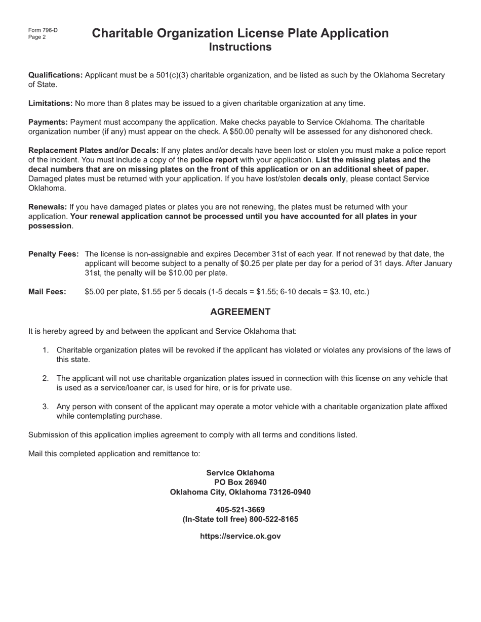 Form 796-D Charitable Organization Demonstration License Plate Application - Oklahoma, Page 2