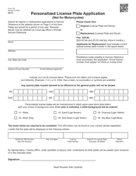 Form 749 Personalized License Plate Application (Not for Motorcycles) - Oklahoma