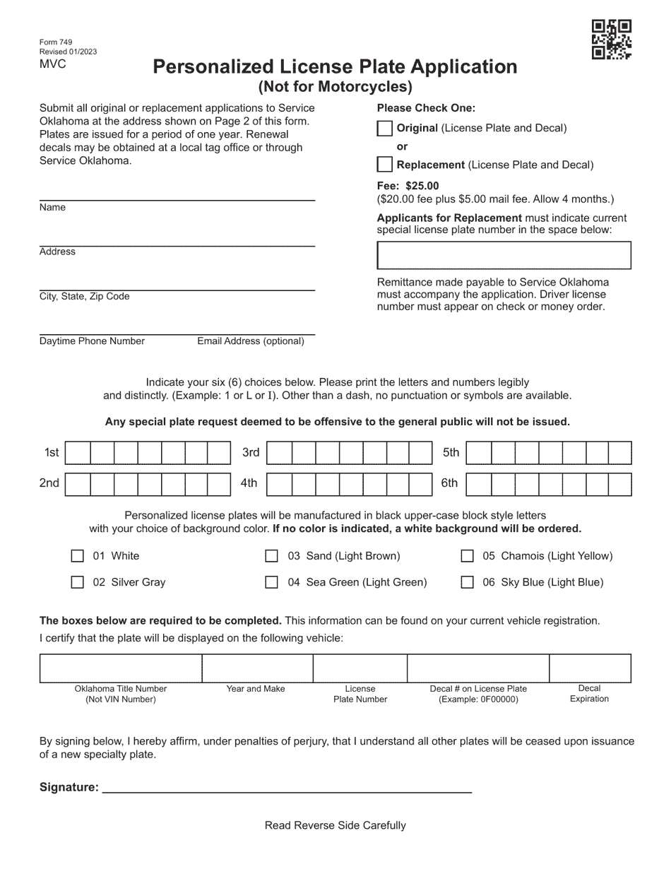 Form 749 Personalized License Plate Application (Not for Motorcycles) - Oklahoma, Page 1