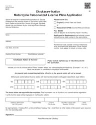 Form 750-H Chickasaw Nation Motorcycle Personalized License Plate Application - Oklahoma