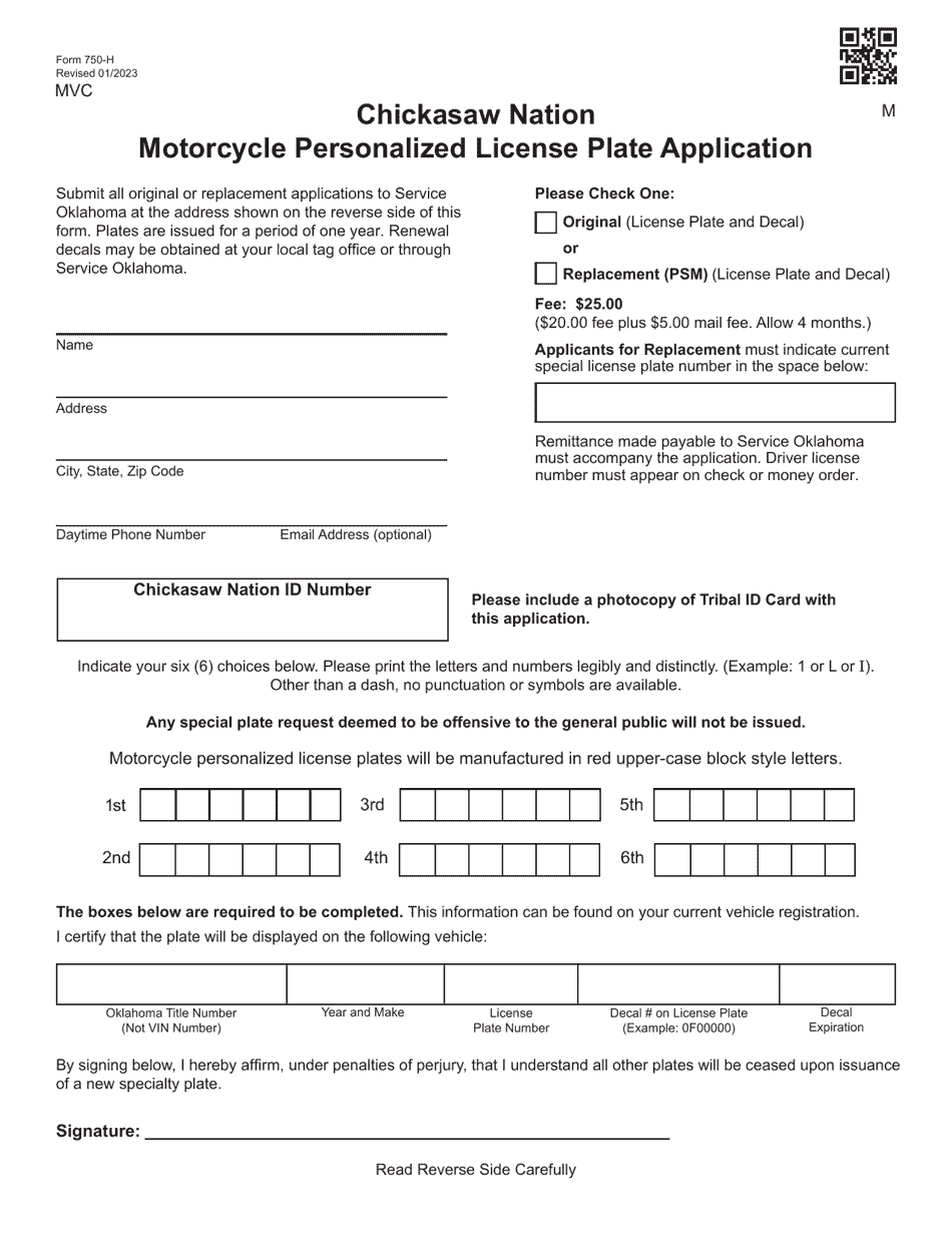 Form 750-H Chickasaw Nation Motorcycle Personalized License Plate Application - Oklahoma, Page 1