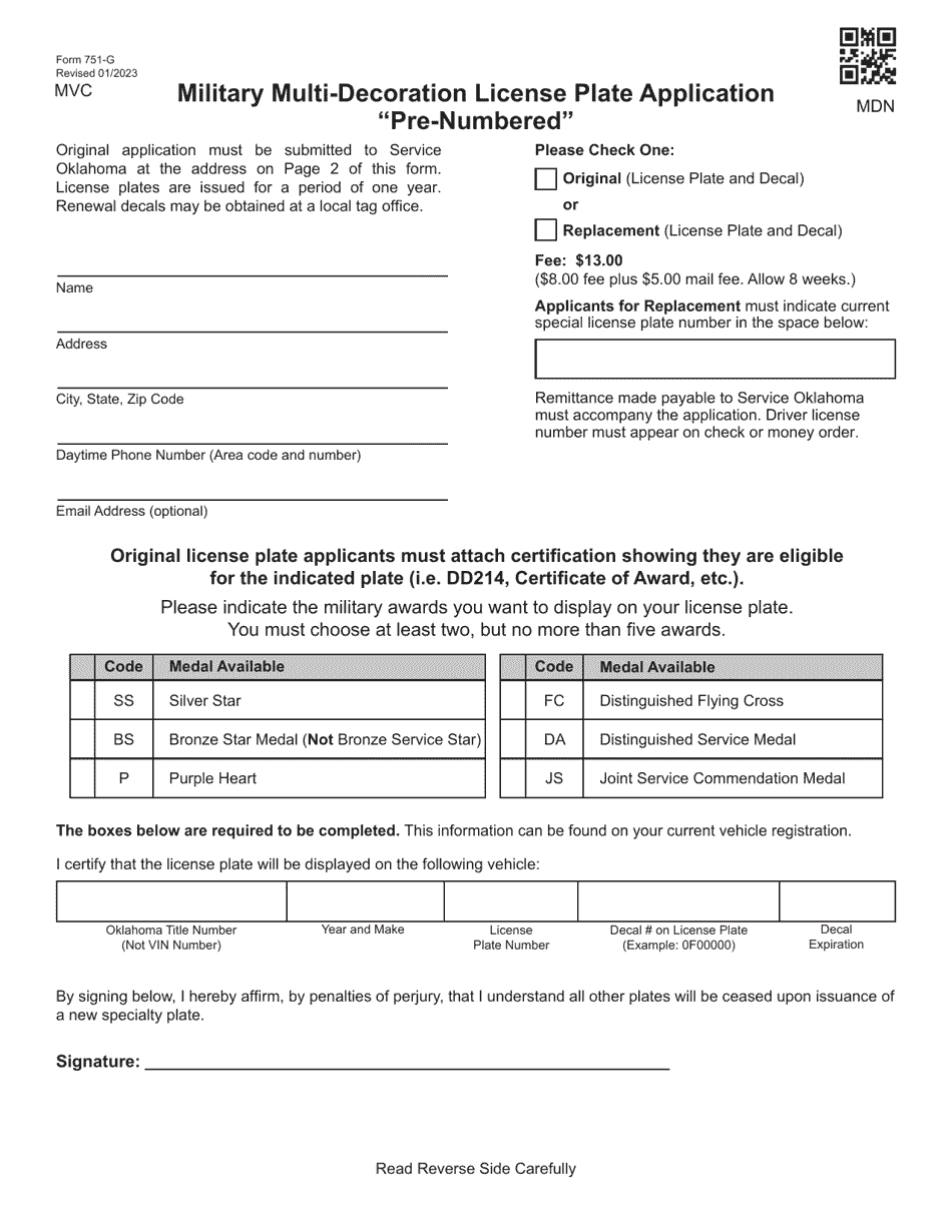 Form 751-G Military Multi-Decoration License Plate Application pre-Numbered - Oklahoma, Page 1