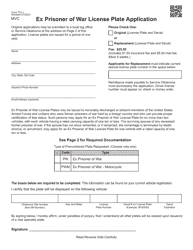 Form 751-L Ex Prisoner of War License Plate Application - Oklahoma