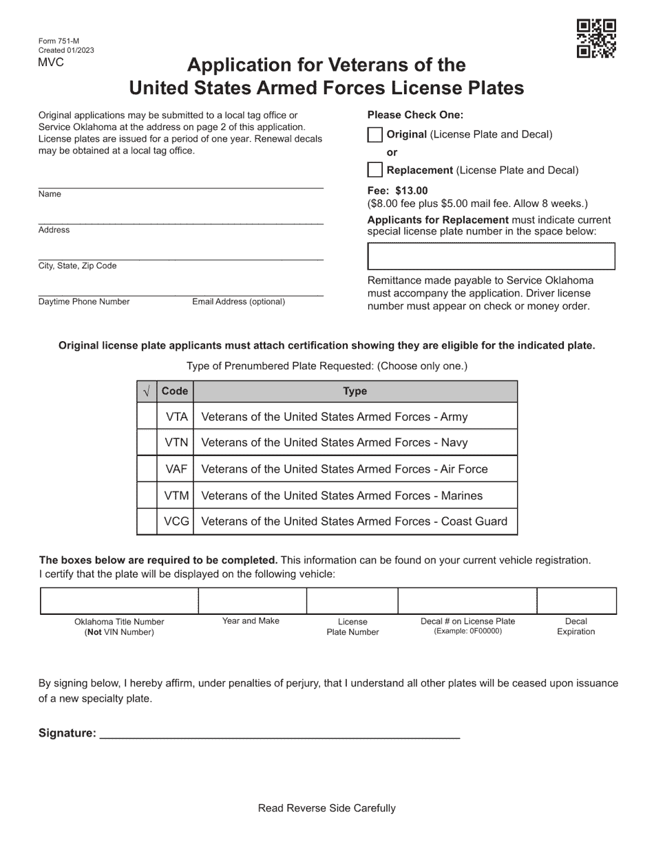 Form 751-M Application for Veterans of the United States Armed Forces License Plates - Oklahoma, Page 1